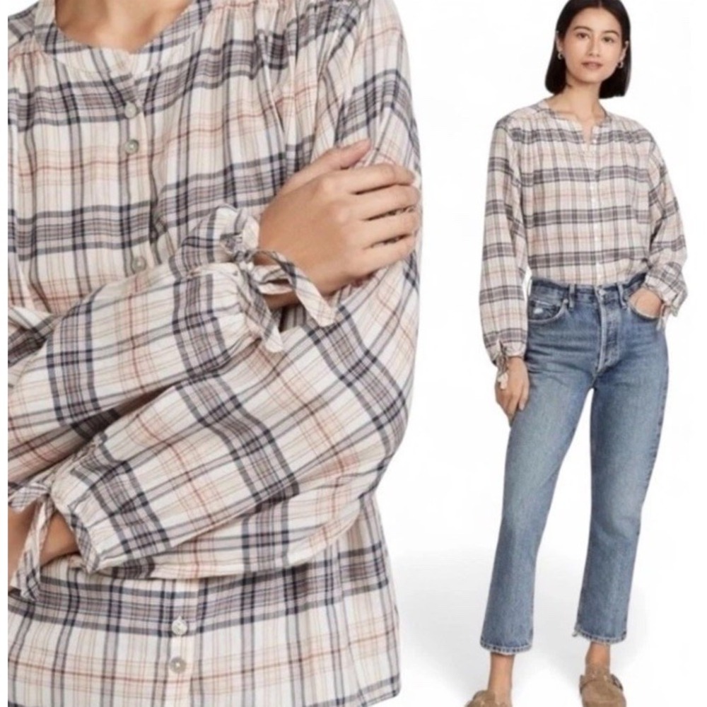 Faherty Everleigh Plaid Peasant Women's M Flowy  Bohemian Top Tie Long Sleeve